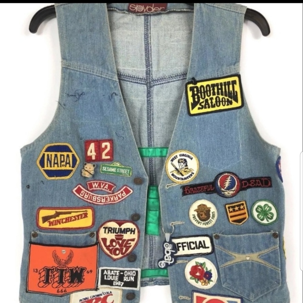Vintage denim biker vest -- patches